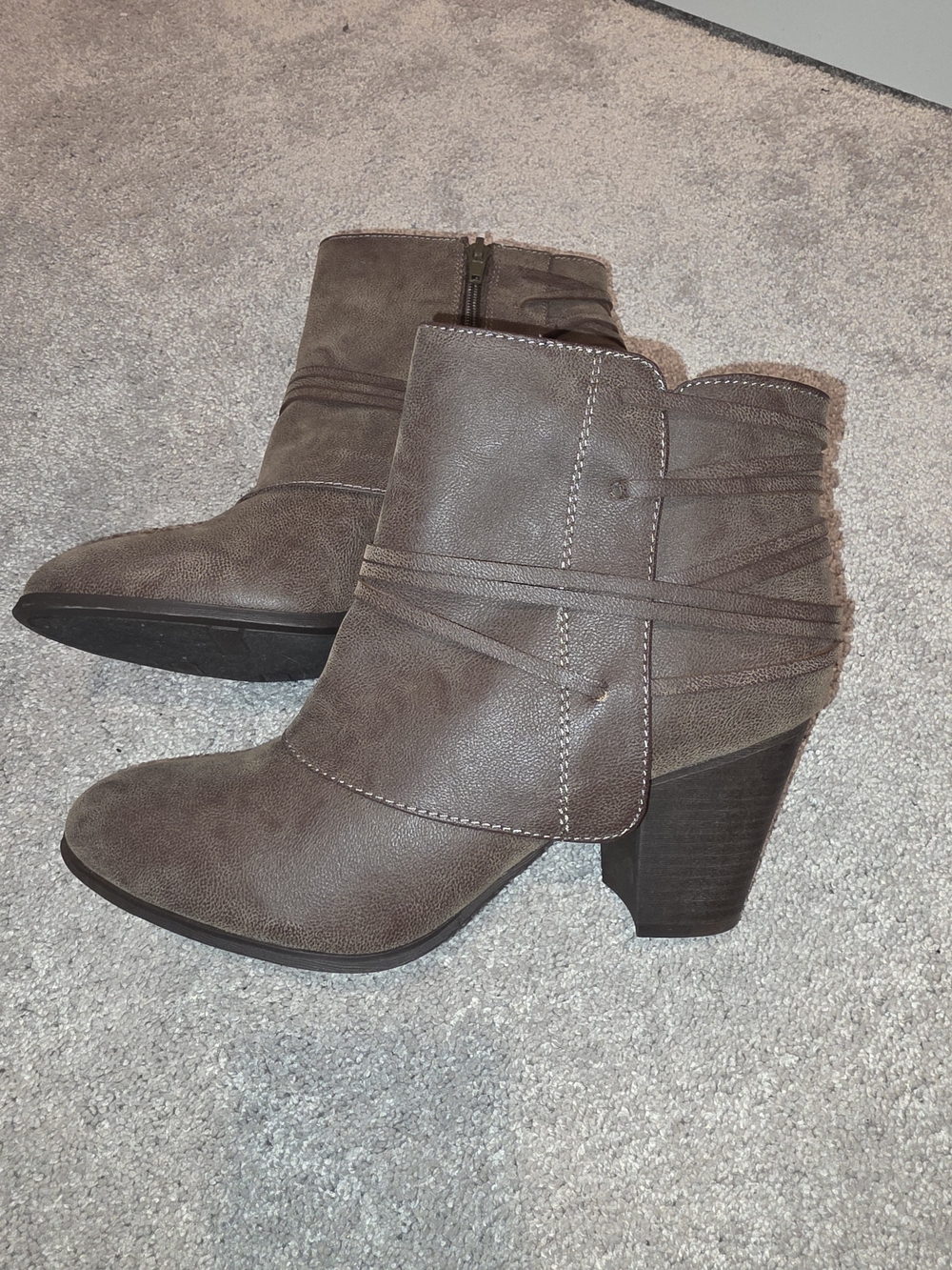 Fergalicious Taupe Brown Faux-Leather Ankle Booties with Stacked Heel